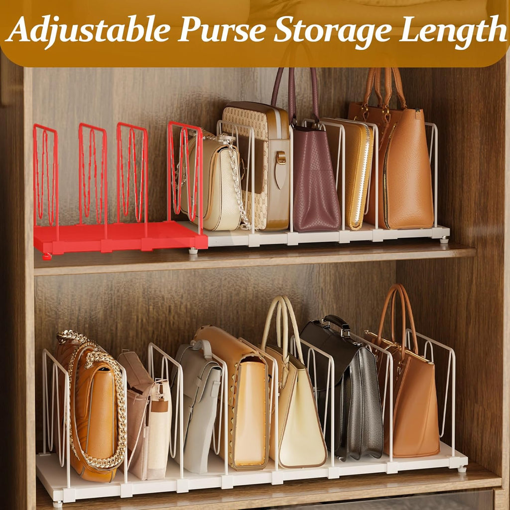 Dmevkic Extendable Purse Organizers Purse Storage. Length 16-28 in. Bag Organizer Purse Holder for Closet with 8 Adjustable Shelf Dividers Patent Pending
