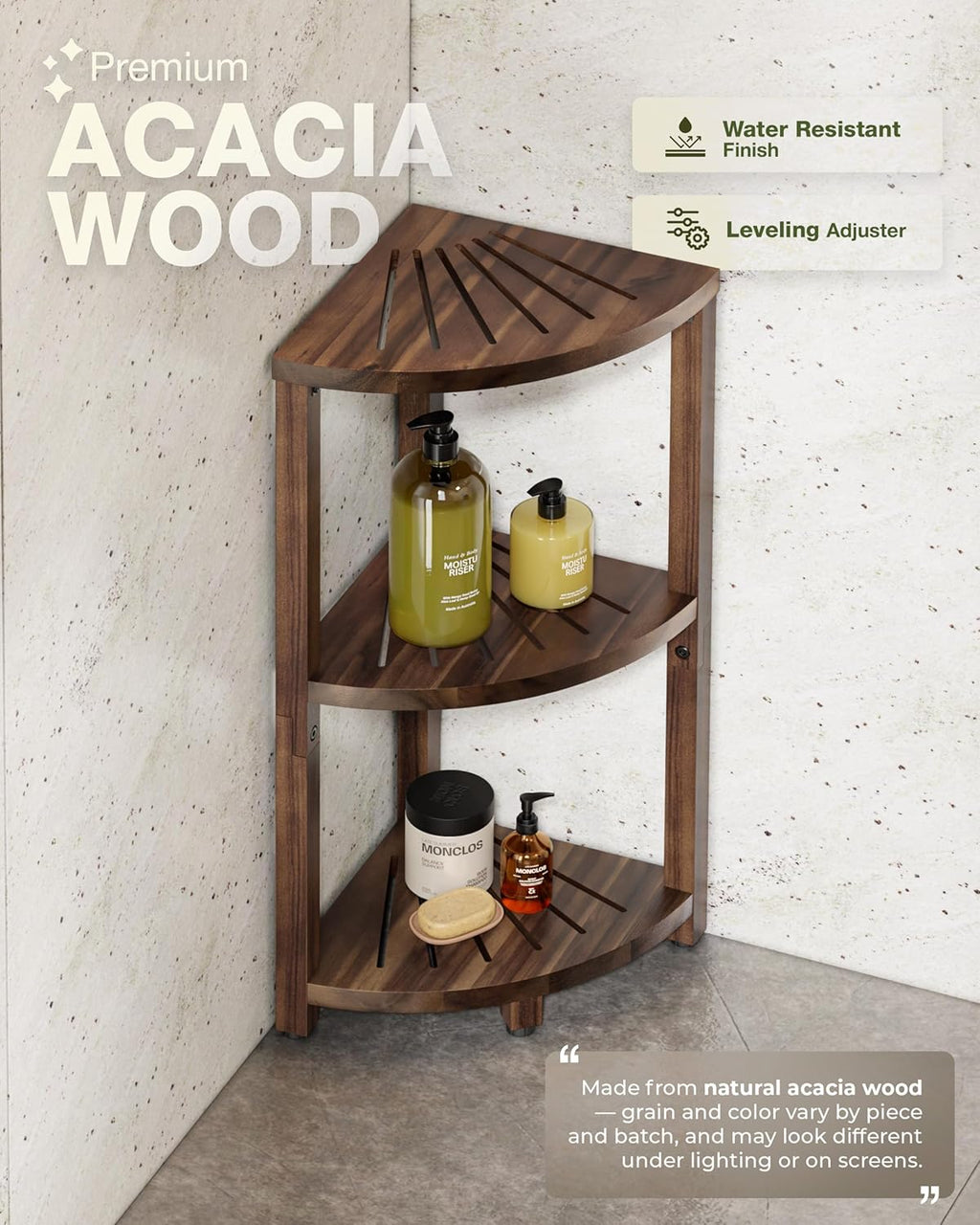 BLUEWEST 3-Tier Corner Shower Caddy Stand, Wood, Walnut | Shower Organizer Standing, Anti-Slip Feet, Waterproof & Durable, Space-Saving Design, Bathroom Corner Shelf