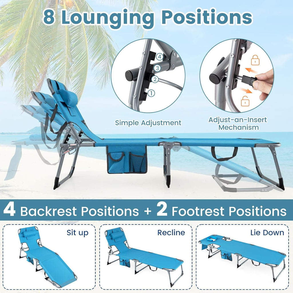 Goplus Tanning Chair, Folding Adjustable Patio Lounge Chair with Face Hole, Removable Pillow, 330LBS, Carry Strap, Outdoor Sunbathing Chair, Lightweight Portable Beach Lounge Chair (1, Navy)