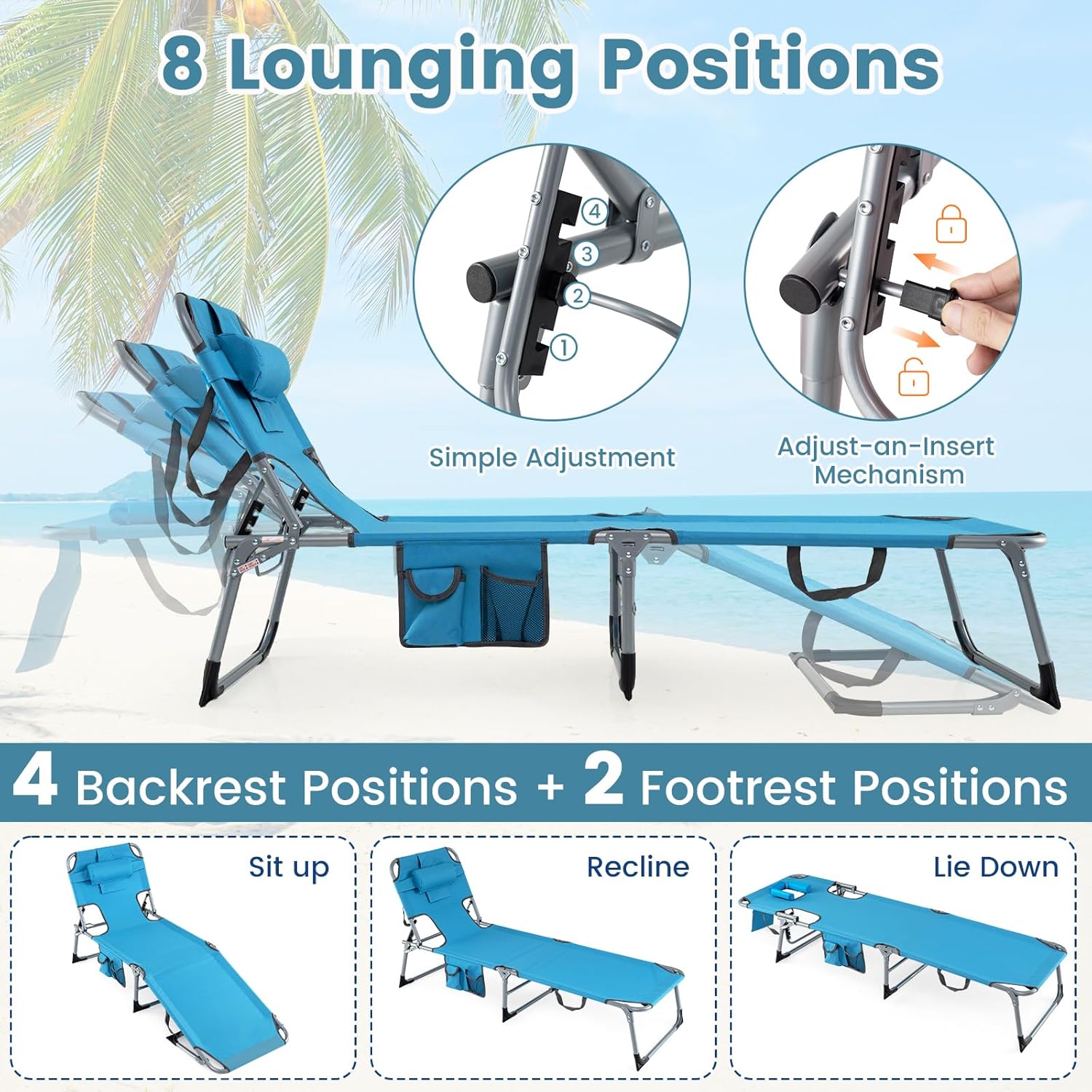 Goplus Tanning Chair, Folding Adjustable Patio Lounge Chair with Face Hole, Removable Pillow, 330LBS, Carry Strap, Outdoor Sunbathing Chair, Lightweight Portable Beach Lounge Chair (1, Navy)