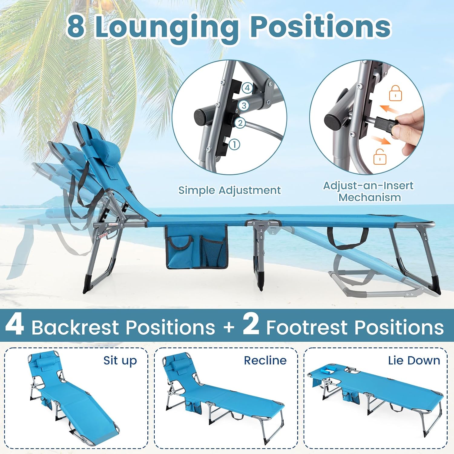 Goplus Tanning Chair, Folding Adjustable Patio Lounge Chair with Face Hole, Removable Pillow, 330LBS, Carry Strap, Outdoor Sunbathing Chair, Lightweight Portable Beach Lounge Chair (1, Navy)