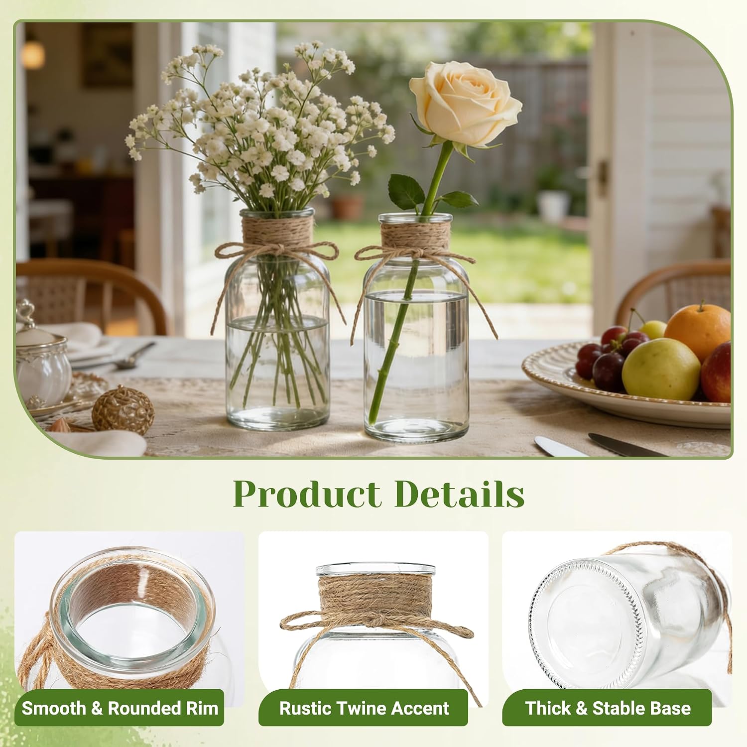 Mason Jar Glass Vases 12 Pack, Clear Wedding Centerpiece Vases | Rustic Farmhouse Style, Boho Decor, Bud Vase Design, Home Table Decoration, Party Decor, Vintage Display, Floral Arrangement