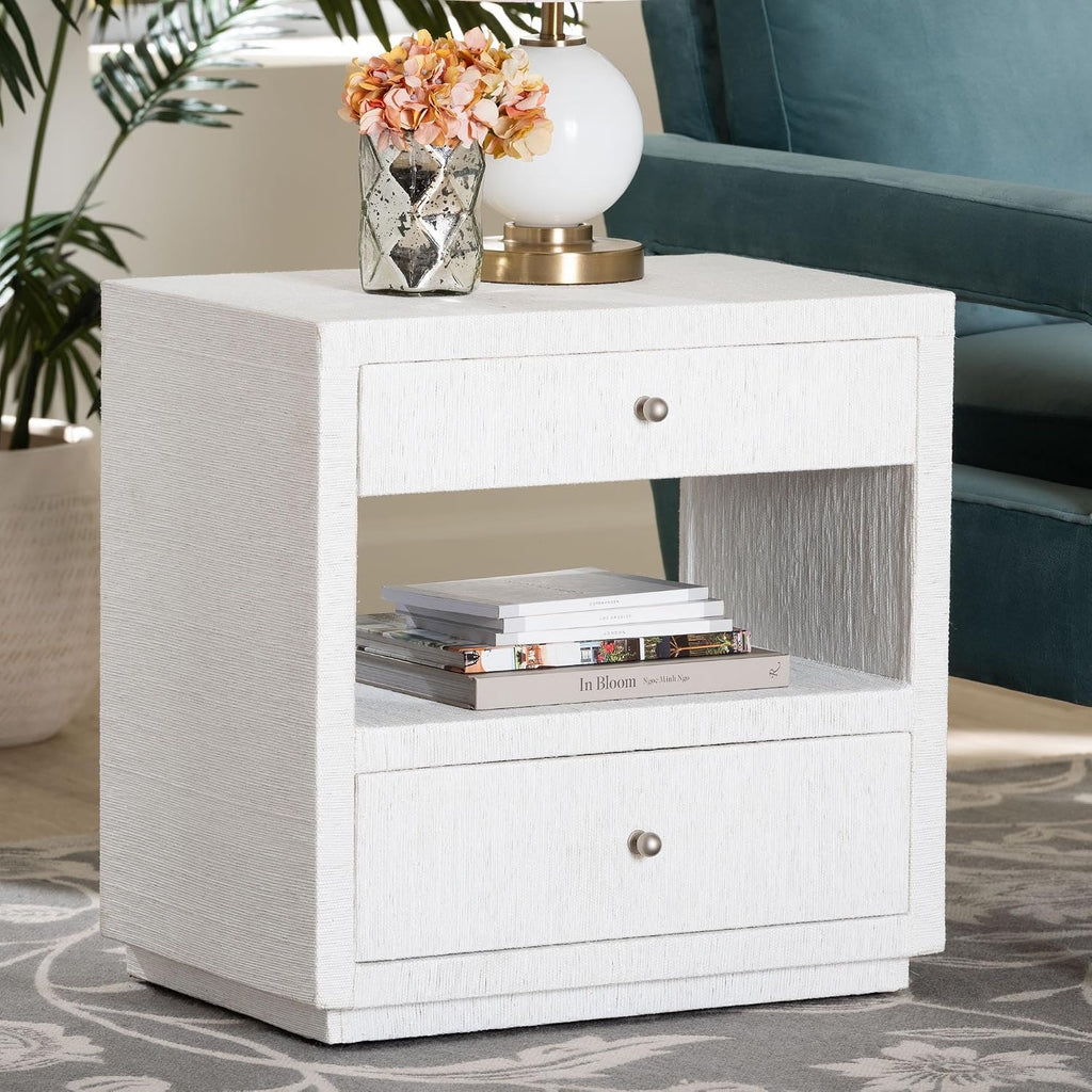 Bali & pari Kai Grasscloth End Table - 2-Drawer Accent Table or Nightstand with Open Shelf, Handwoven Decor for Bedroom or Living Room