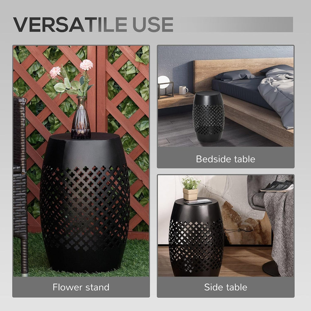 Black Steel 12.5in Round Patio Side Table 18in Tall, Hollow Drum Structure, 22lb Capacity, Indoor Outdoor Use, Weather Resistant Finish