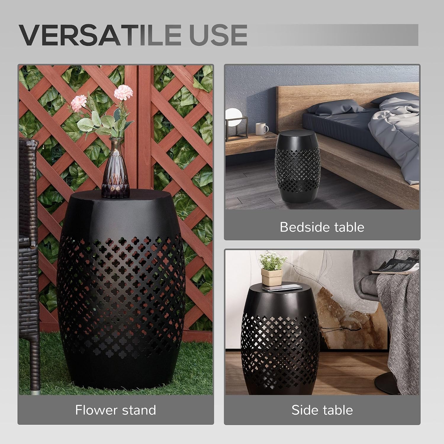 Black Steel 12.5in Round Patio Side Table 18in Tall, Hollow Drum Structure, 22lb Capacity, Indoor Outdoor Use, Weather Resistant Finish