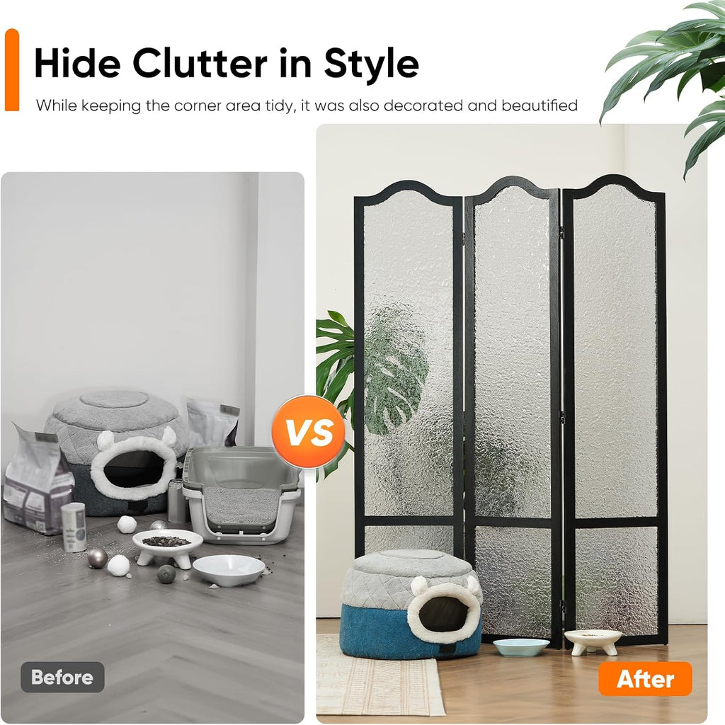 JOSTYLE Acrylic Room Divider, Black, 3-Panel, 67" H x 47.2" W | Folding Privacy Screen, Frosted Glass Like, Wood Frame, For Bedroom Office & Loft