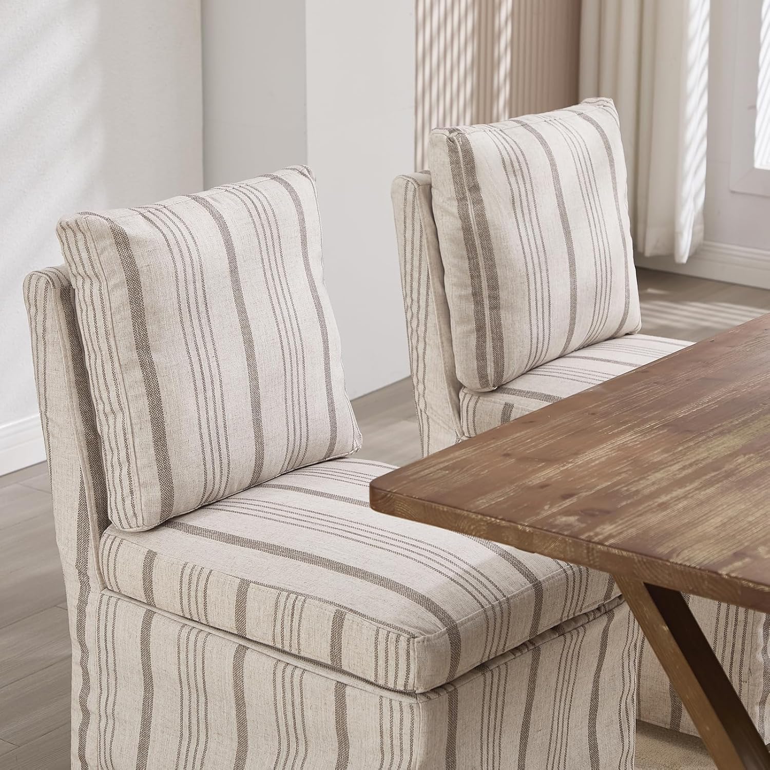 Upholstered Dining Chairs Set of 2 Slipcovered Armless Dining Chair with Solid Wood Legs, Soft Padded Upholstered Side Chair for Dining/Living/Readin Room, Banquet, Khaki Stripe
