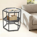 Side Table, Modern Coffee Tables with 2-Tier Storage with Metal Frame, Hexagon Glass Center Table for Living Room Bedroom Office Apartments Decor