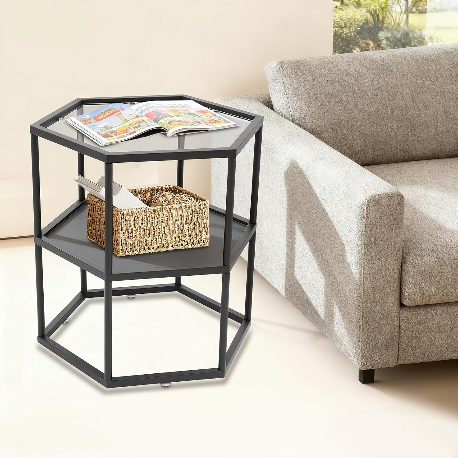 Side Table, Modern Coffee Tables with 2-Tier Storage with Metal Frame, Hexagon Glass Center Table for Living Room Bedroom Office Apartments Decor