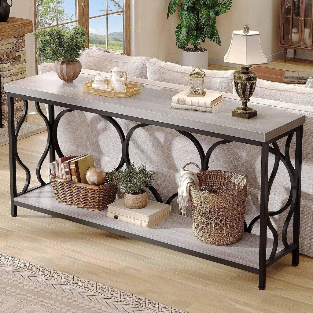 IBF Narrow extra long Sofa Console Table, 63 Inch Modern Entryway Table Behind Couch with Storage shelf, 2-Tier Industrial Wooden Metal Hallway Accent Sofa Tables for Living Room Foyer, Light Grey Oak