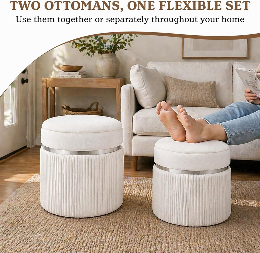 Round Storage Ottoman Set of 2 - White Ottoman with Storage for Living Room - Velvet Vanity Stool and Footrest - Round Nesting Ottoman Stools for Bedroom Makeup Area - Hidden Storage