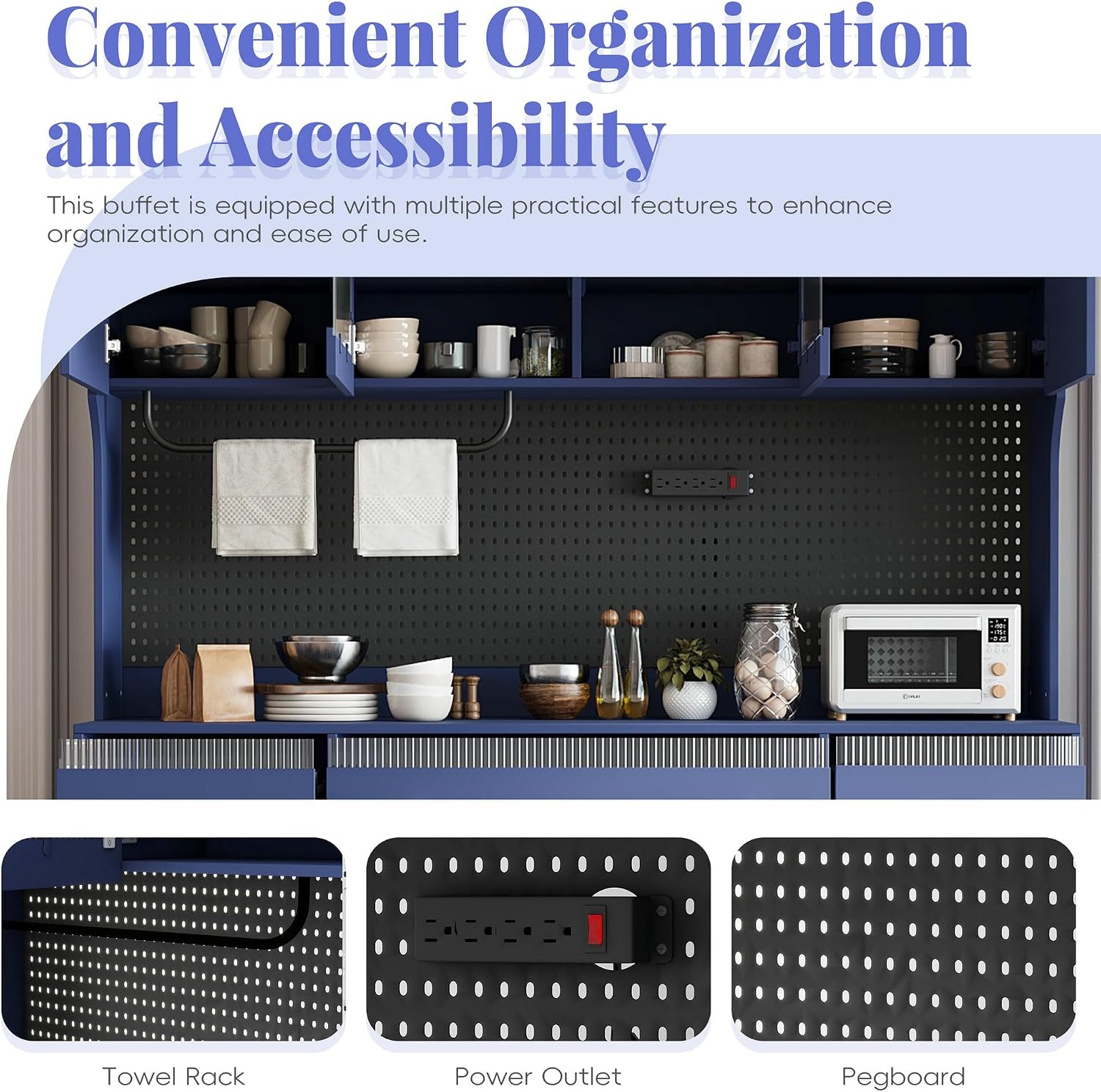 SOFTSEA Tall Kitchen Pantry with Hutch and 6 Drawers, Large Coffee Bar Storage Cabinet with 5 Doors & Adjustable Shelves, Pantry Organizer with Pegboard and Power Outlet, for Dining Room, Blue