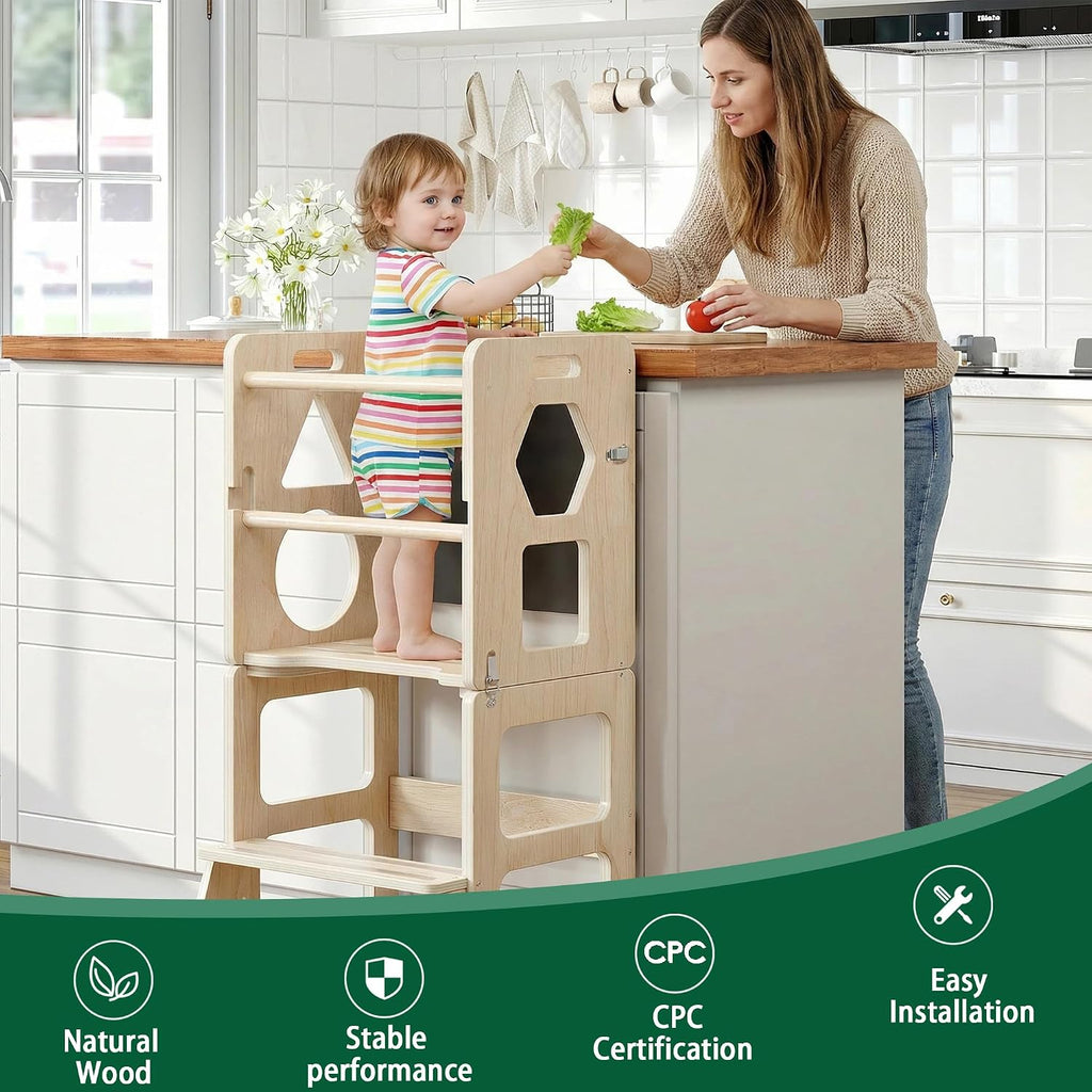 4-in-1 Toddler Kitchen Step Stool,Montessori Foldable Learning Standing Tower with Blackboard, Anti-tip Structure Design,Wooden Kitchen Step Helper Stool for 1-3 Year Old Boy Girl