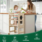 4-in-1 Toddler Kitchen Step Stool,Montessori Foldable Learning Standing Tower with Blackboard, Anti-tip Structure Design,Wooden Kitchen Step Helper Stool for 1-3 Year Old Boy Girl
