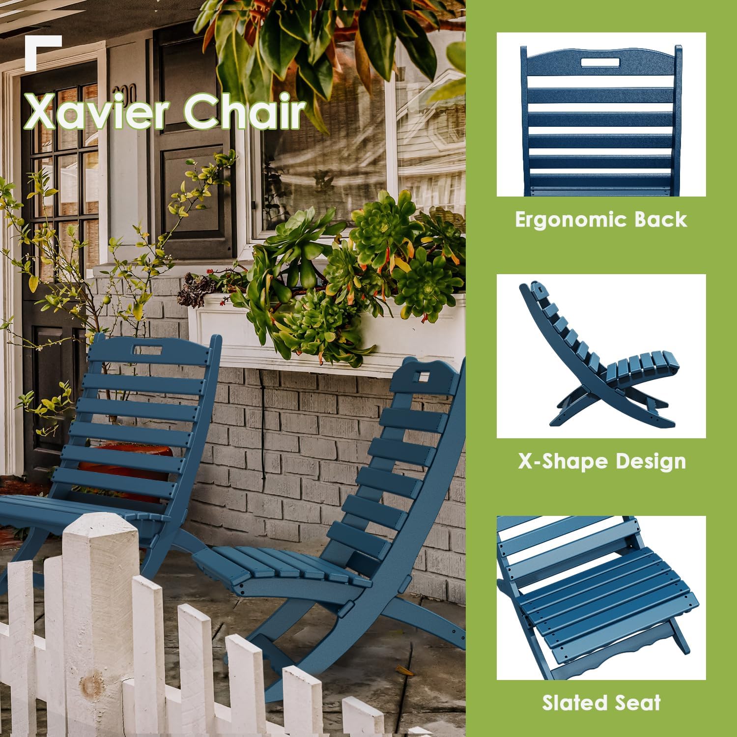 GREENVINES Folding Wave Chairs Set of 2 | Xavier | Portable Adirondack Chair | HDPE | All Weather | Blue | for Fire Pit Beach Outdoor Deck Poolside Garden Patio Porch Fishing