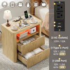 JUMMICO Fluted Nightstand with Charging Station & RGB Lights,Wooden End Table with 2 Deep Drawers & Open Storage Shelf,Thickened Top,Modern Bedside Table for Bedroom,Living Room,Wood