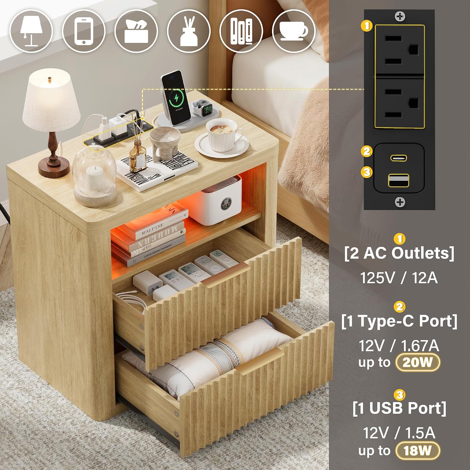 JUMMICO Fluted Nightstand with Charging Station & RGB Lights,Wooden End Table with 2 Deep Drawers & Open Storage Shelf,Thickened Top,Modern Bedside Table for Bedroom,Living Room,Wood