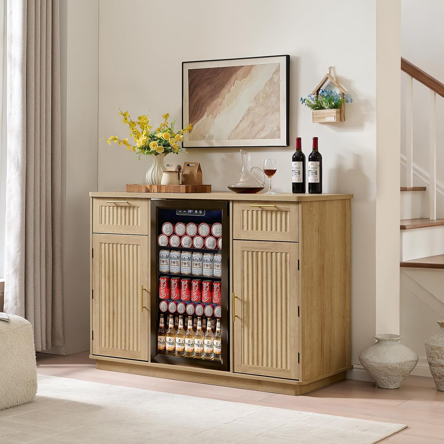 Okvnbjk Mini Fridge Cabinet with Storage & Power Outlet, Oak | Bar Cabinet with Fridge Space, Fluted Wine Bar with Wine Rack & Drawers, Coffee Station for Living Room & Dining Room