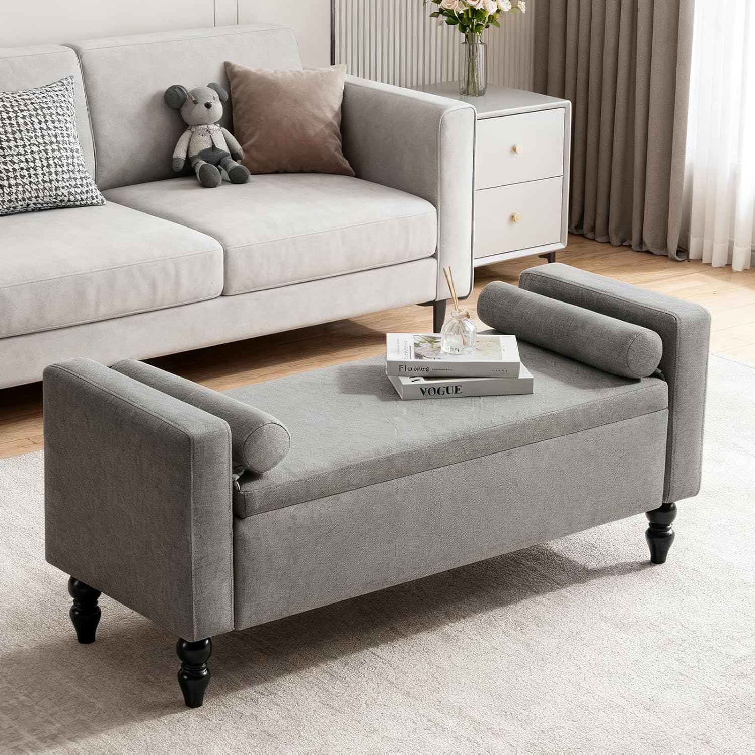Large Storage Ottoman Bench, 45.7" Linen Upholstered Entryway Bench with Solid Wood Legs, End of Bed Bench, Shoe Bench, Ottoman Storage Chest for Bedroom/Living Room/Entryway,Grey
