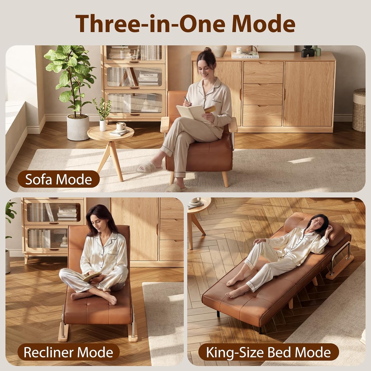 SUIYIMU Folding Chair Bed, 3-in-1 Convertible Sleeper Chair Bed (Natural Wood-Faux Leather)