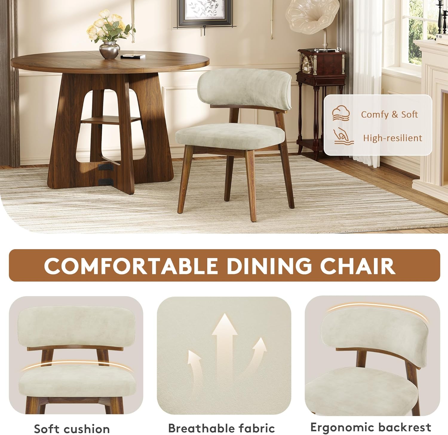 Dining Chairs Set of 4, Modern Upholstered Dining Chairs, Wooden Kitchen Chairs for Dining Room with Ergonomic Curved Backrest