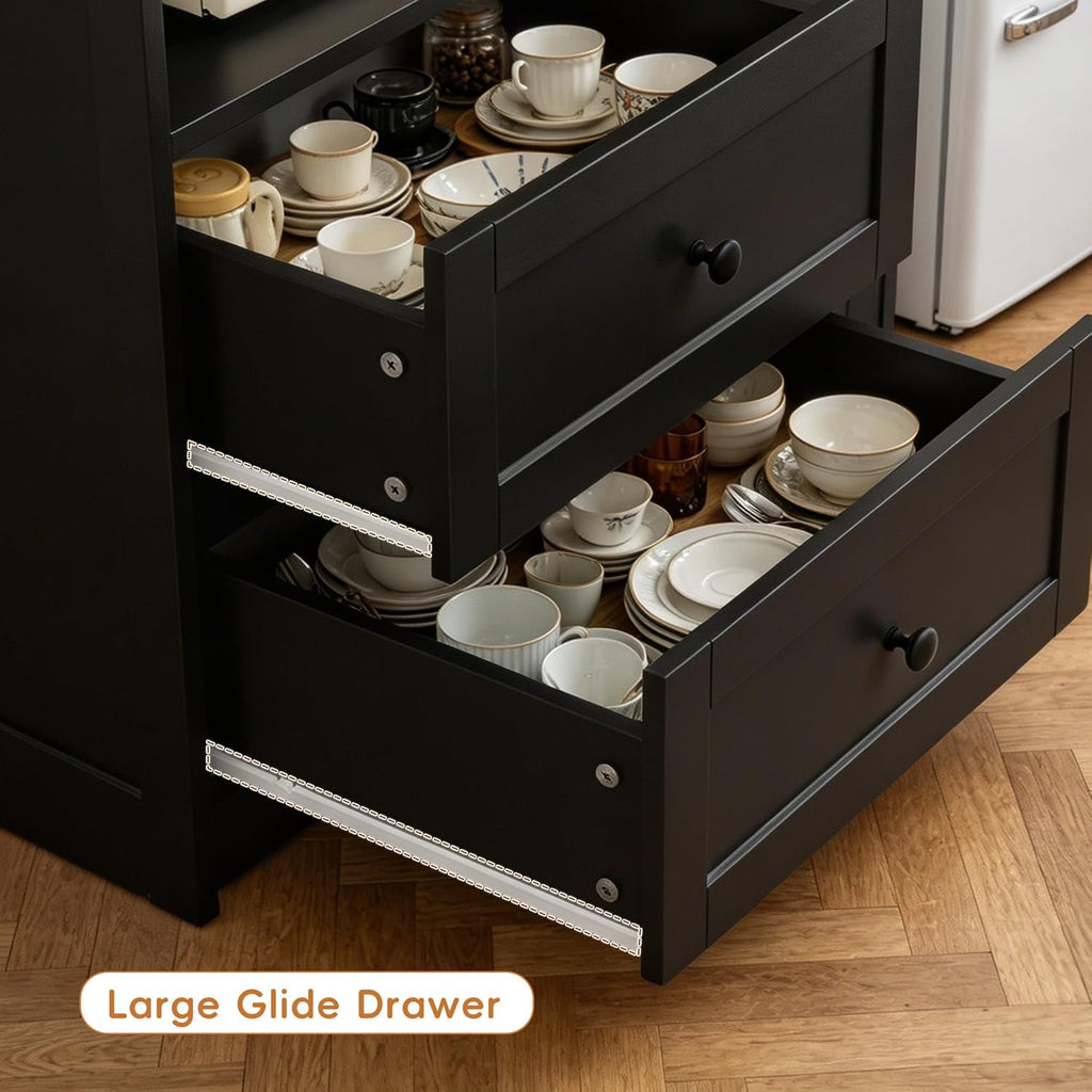 72" Kitchen Pantry Storage Cabinet with Fridge Space, Mini Fridge Cabinet with Charging Station, Large Pantry Cabinet with Drawers, Doors & Shelves, Kitchen Hutch with Microwave Stand, Black