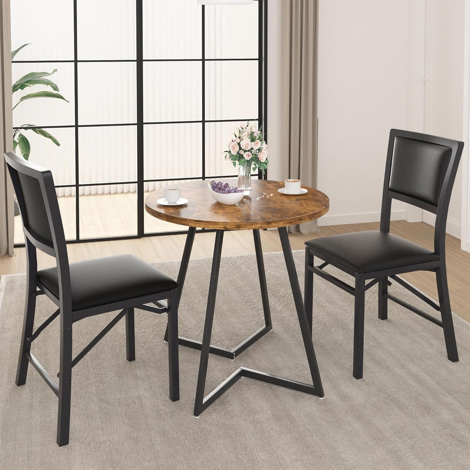 VECELO Folding Dining Chairs Set of 4, Metal Padded Foldable Seating with Comfortable Faux Leather, Space-Saving Portable Guest Seats for Kitchen & Office, No Assembly, Black