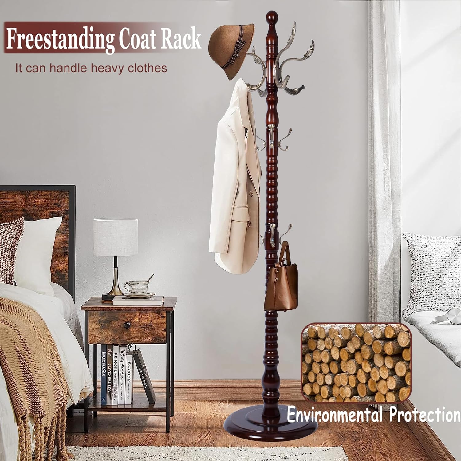 Coat Racks Free standing, Natural Wood Coat Rack Stand With 14 Hooks, Heavy Duty Adjustable Height Coat Racks For Entryway Hallway Foyer Office Bedroom (Redwood)