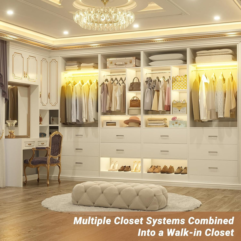 Besiost 4FT Closet Systems with 3CCT Sensor Light, 48 Inch Closet Organizer System with 5 Wood Drawers, 2 Hanging Rods & 7 Shelves, Heavy Duty 48" Walk-in Closet , White (48"L x 15" W x 80" H)