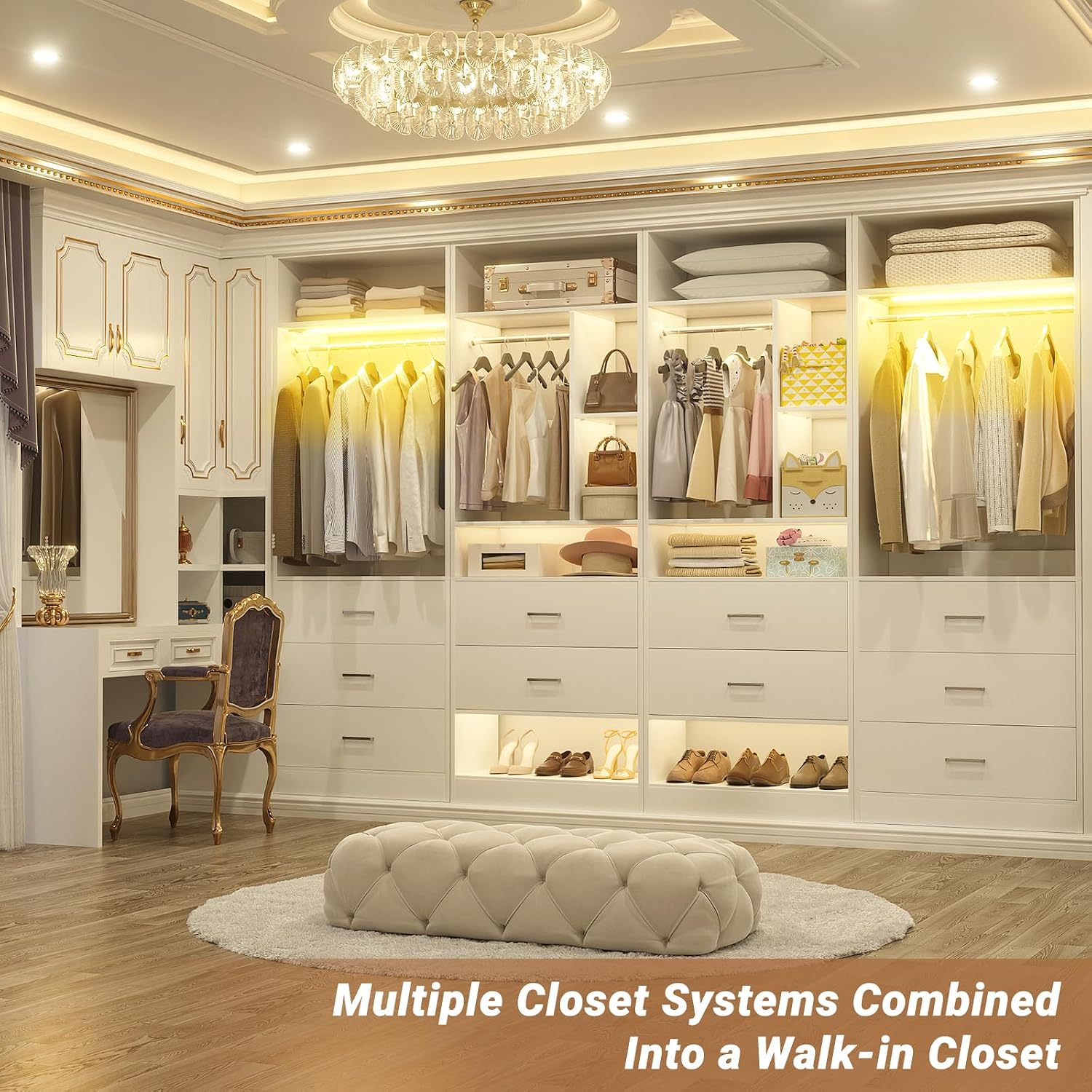 Besiost 4FT Closet Systems with 3CCT Sensor Light, 48 Inch Closet Organizer System with 5 Wood Drawers, 2 Hanging Rods & 7 Shelves, Heavy Duty 48" Walk-in Closet , White (48"L x 15" W x 80" H)