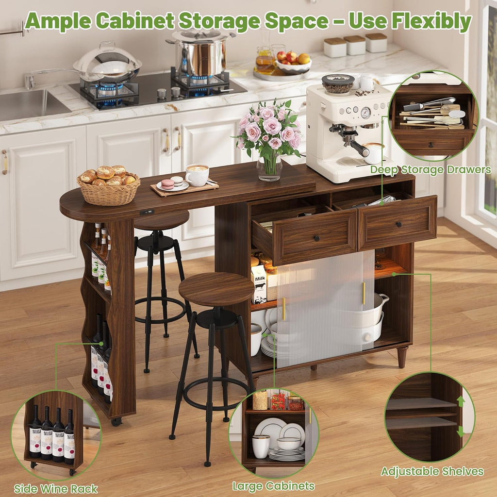 69" Kitchen Island with 360° Rotating Table, Bluetooth Speakers, LED Lighting, Adjustable Shelves, Storage Cabinet & Power Outlet – Walnut Finish Extendable Dining Table for Kitchen, Dining Room, Bar