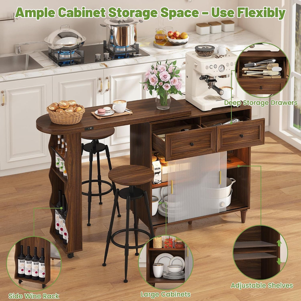 69" Kitchen Island with 360° Rotating Table,LED Lighting, Adjustable Shelves, Storage Cabinet & Power Outlet – Walnut Finish Extendable Dining Table for Kitchen, Dining Room, Bar