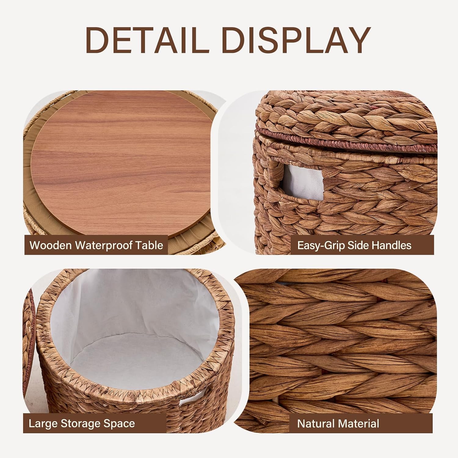 17" Round Storage Ottoman with Lid Handwoven Water Hyacinth Accent Side Table, Storage Container, Footstool for Living Room, Bedroom, Cloakroom, Home Office
