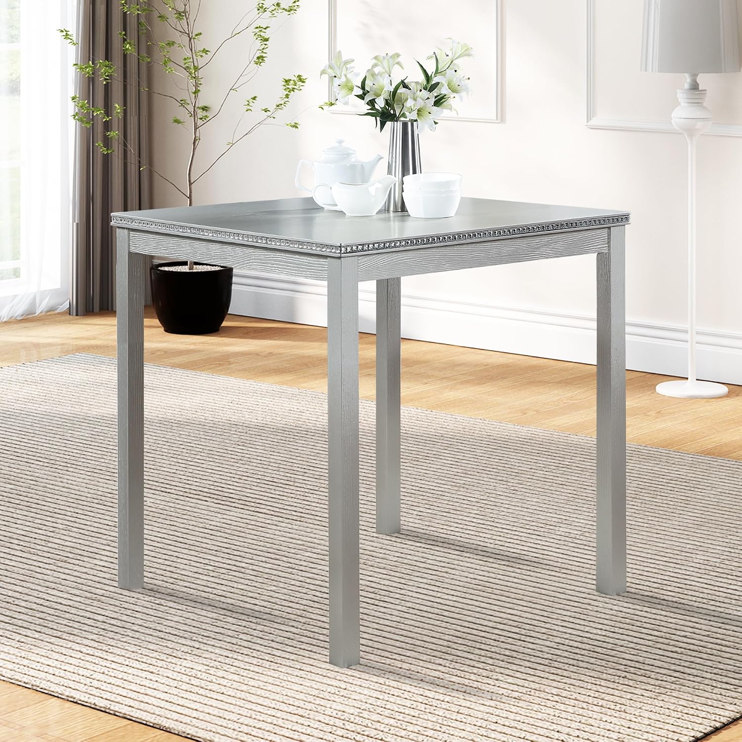 LUMISOL Wood Square Dining Table for 4, Farmhouse Counter Height Kitchen Table for Small Space, No Included Chairs, Silver Grey