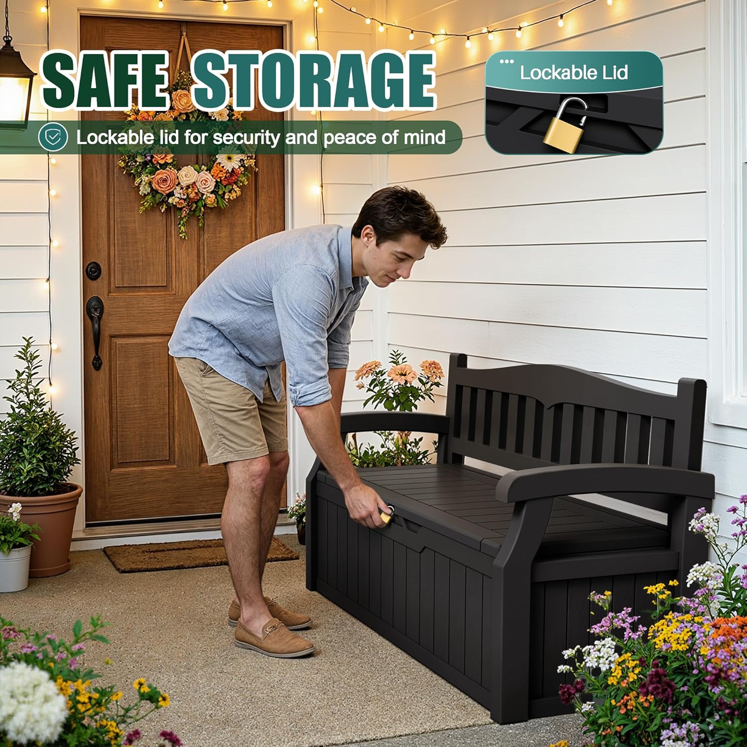 Black 80 Gallon Lockable Resin Deck Box Storage Bench, Waterproof Outdoor Storage Container for Patio Cushions, Garden Tools & Pool Supplies, Extra Patio Seating