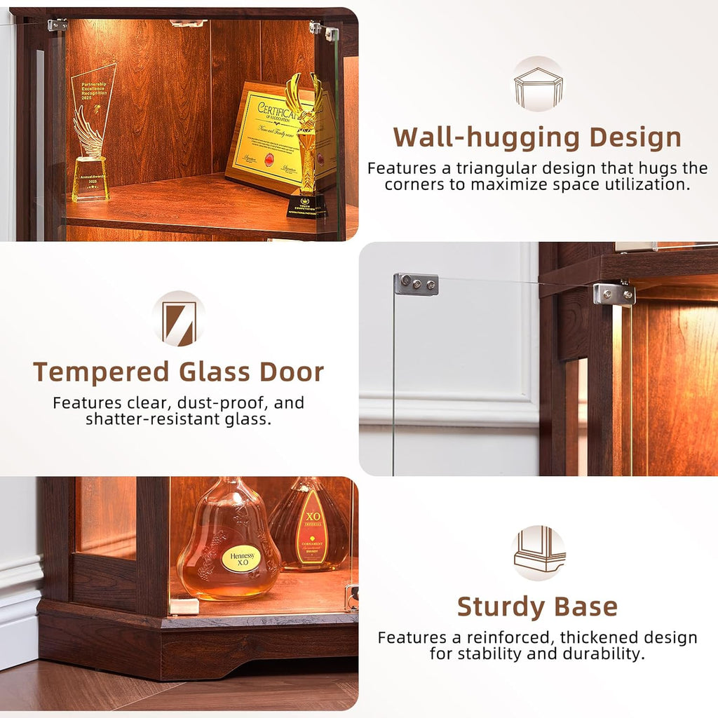 LELELINKY Farmhouse Corner Display Cabinet with Glass Doors, Corner Curio Cabinet with 3-Color LED Motion-Sensor Light, Reinforced Base, Walnut