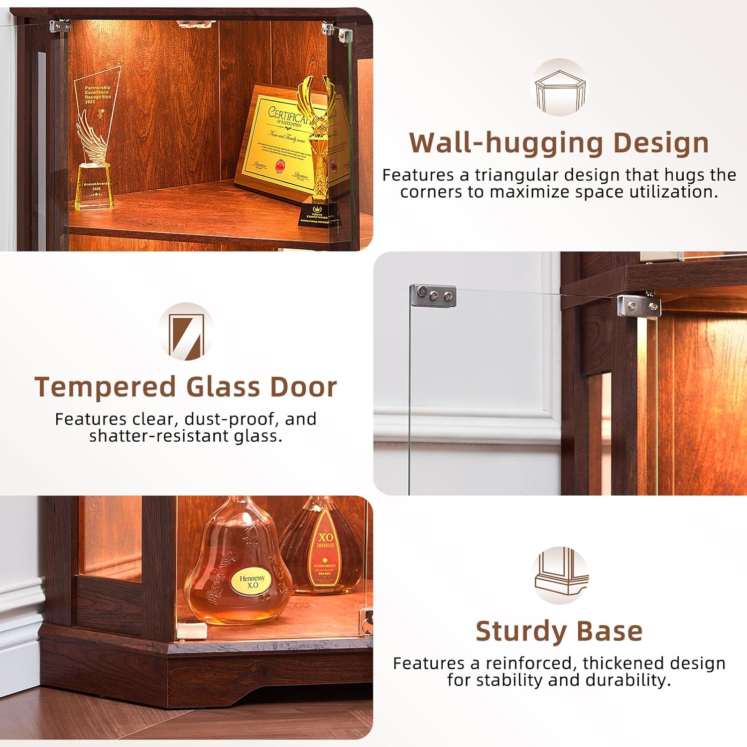 LELELINKY Farmhouse Corner Display Cabinet with Glass Doors, Corner Curio Cabinet with 3-Color LED Motion-Sensor Light, Reinforced Base, Walnut