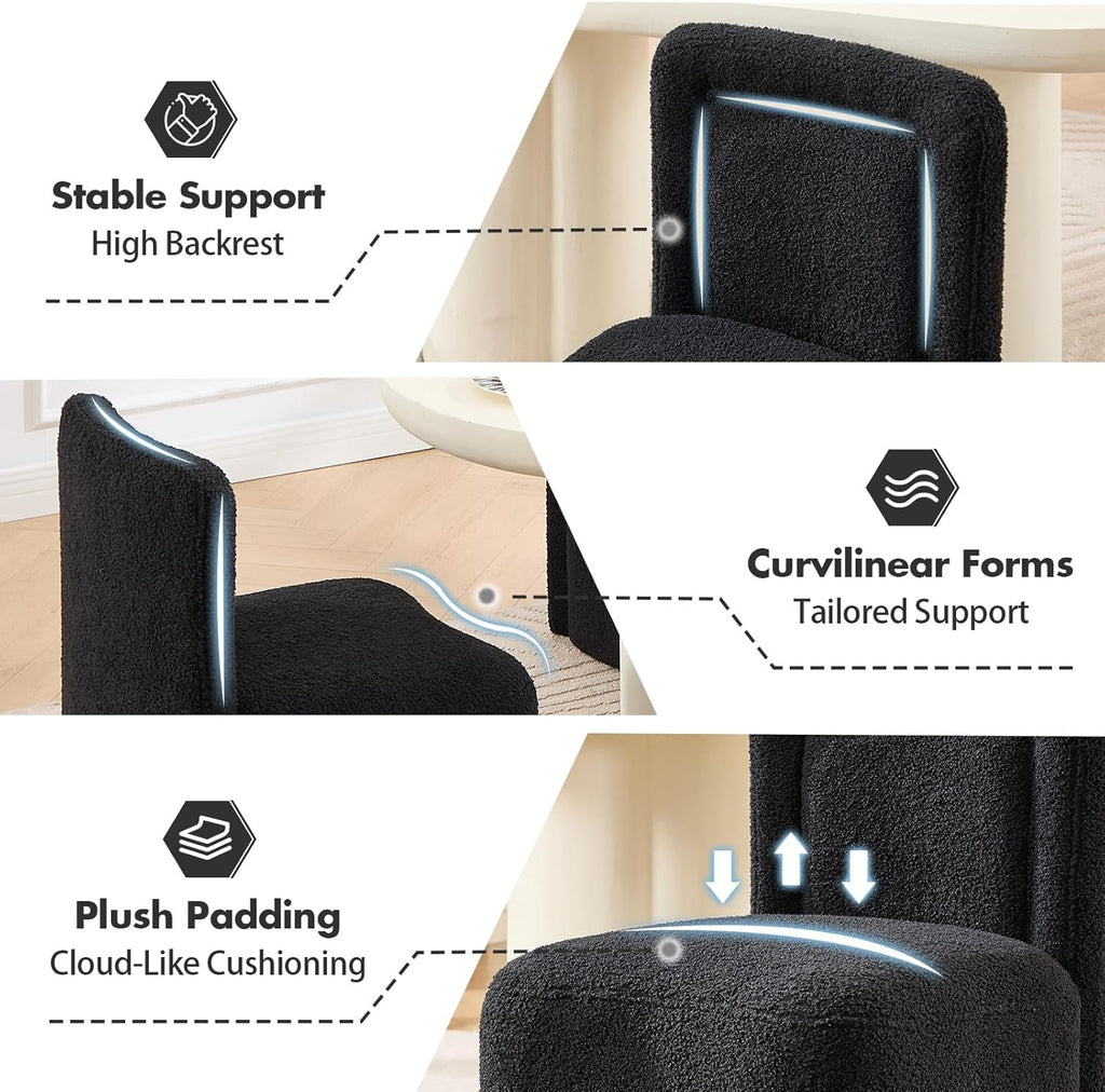 Hyfirm Black Upholstered Dining Chairs Set of 2, Mid-Century Scandinavian Parsons Armless Chairs in Boucle Fabric with Plush Seat Cushion for Diningroom Bedroom Livingroom Reading Room