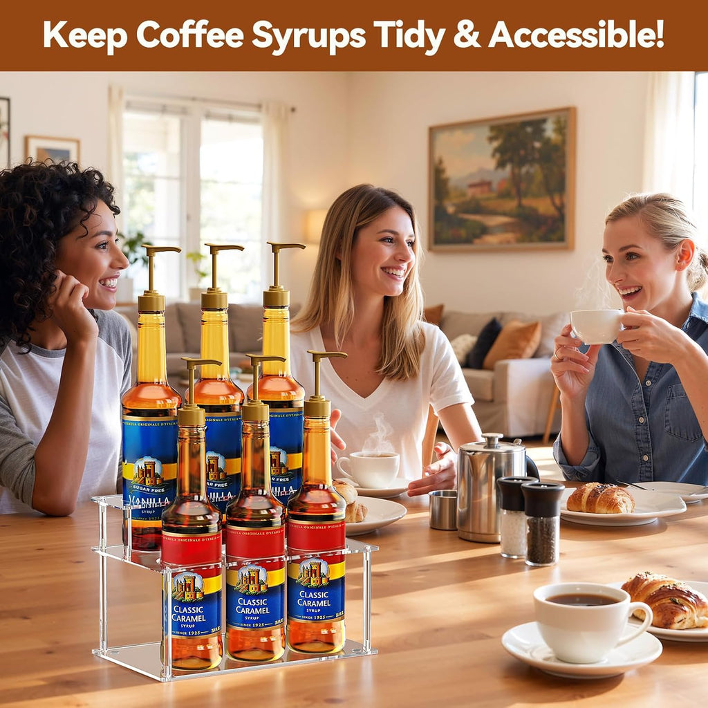 Nuovoware Acrylic Coffee Syrup Organizer, 2-Tier 6 Bottles Bar Organizer, Clear Coffee Syrup Rack for Countertop Kitchen Bar, Surface Film Can be Peeled Off, Transparent