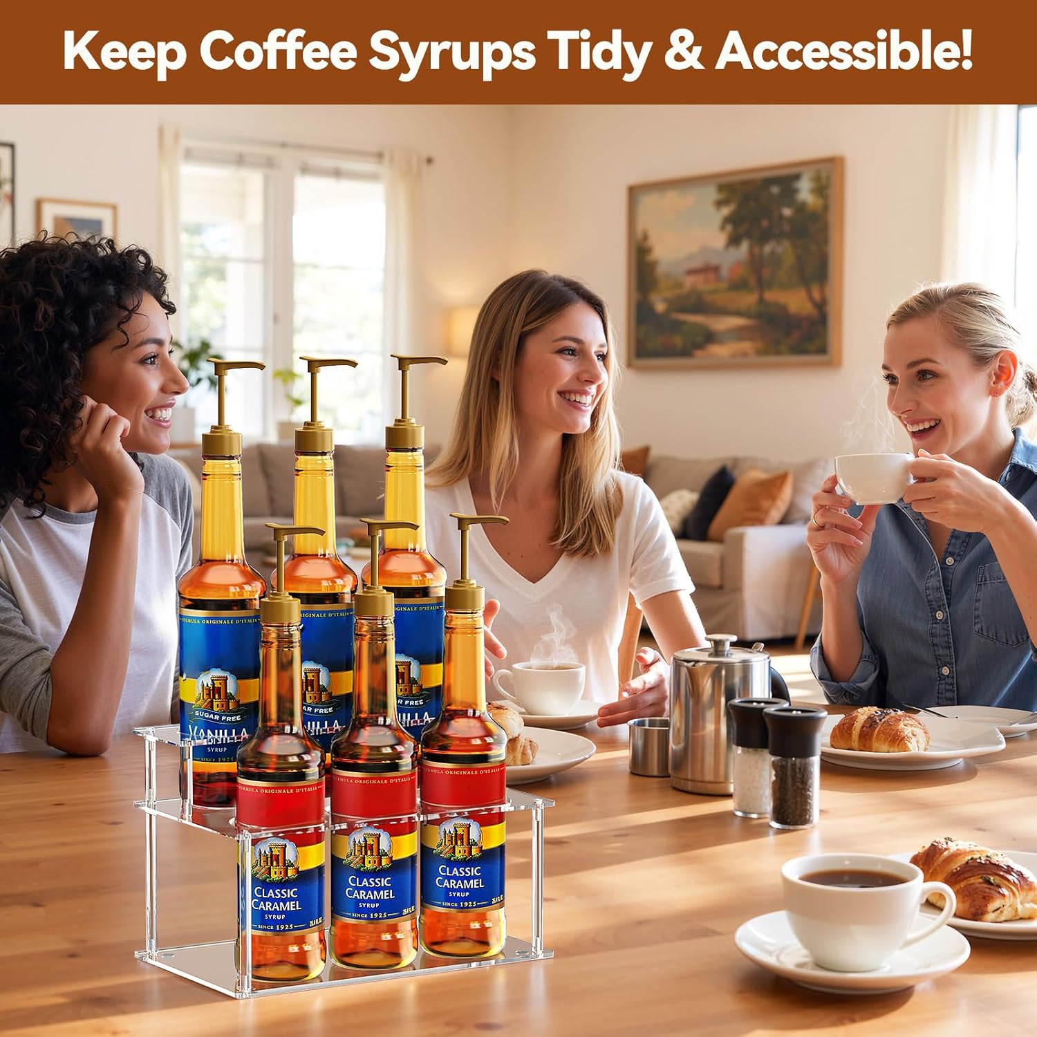 Nuovoware Acrylic Coffee Syrup Organizer, 2-Tier 6 Bottles Bar Organizer, Clear Coffee Syrup Rack for Countertop Kitchen Bar, Surface Film Can be Peeled Off, Transparent