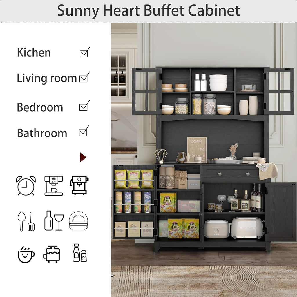 68" Pantry Cabinet with Charging Station, Kitchen Pantry Storage Cabinet with Microwave Stand, Kitchen Hutch Cabinet with Storage Drawers, Food Pantry Cabinets with Countertop for Dining Room(Black)