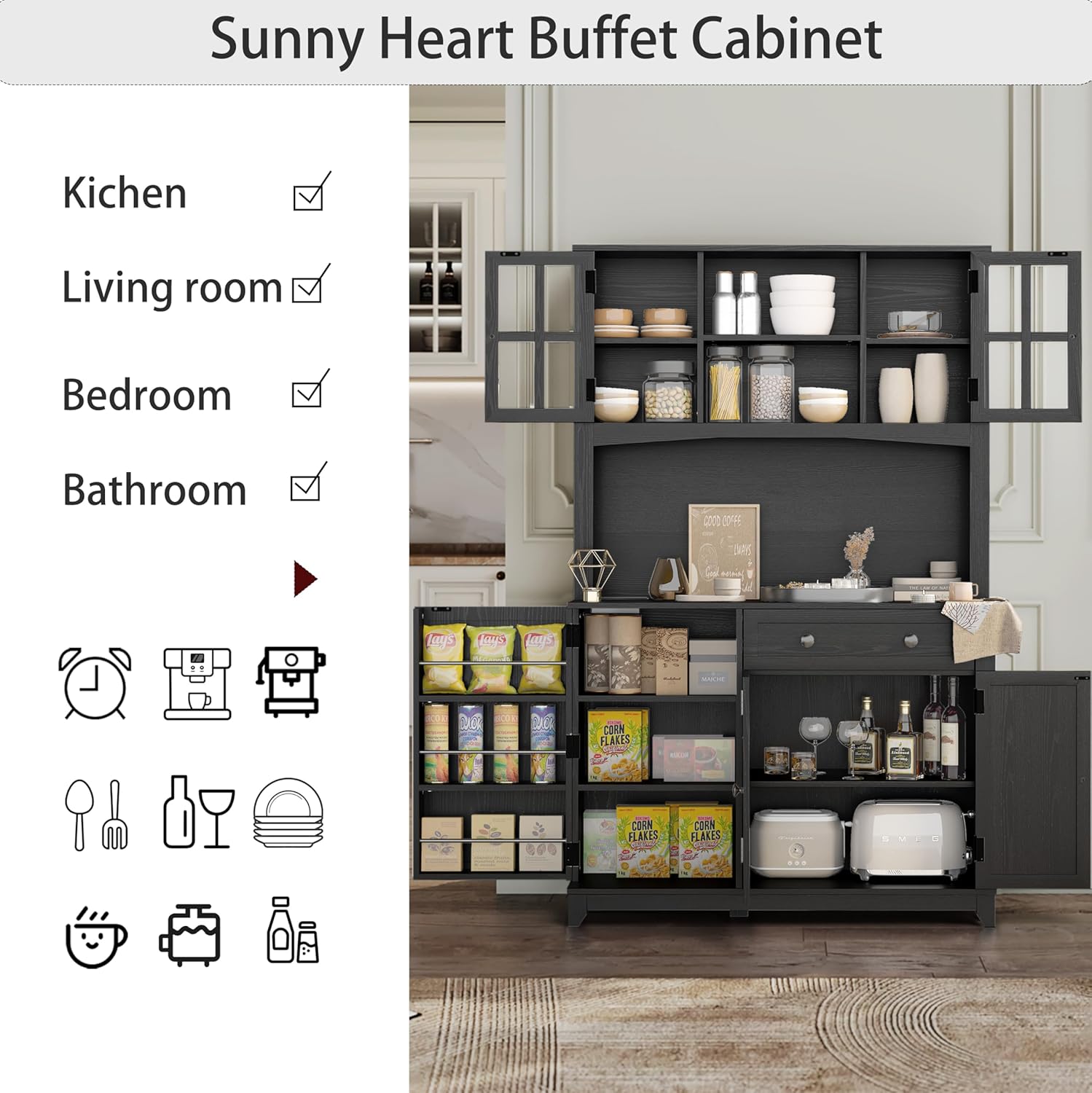 68" Pantry Cabinet with Charging Station, Kitchen Pantry Storage Cabinet with Microwave Stand, Kitchen Hutch Cabinet with Storage Drawers, Food Pantry Cabinets with Countertop for Dining Room(Black)