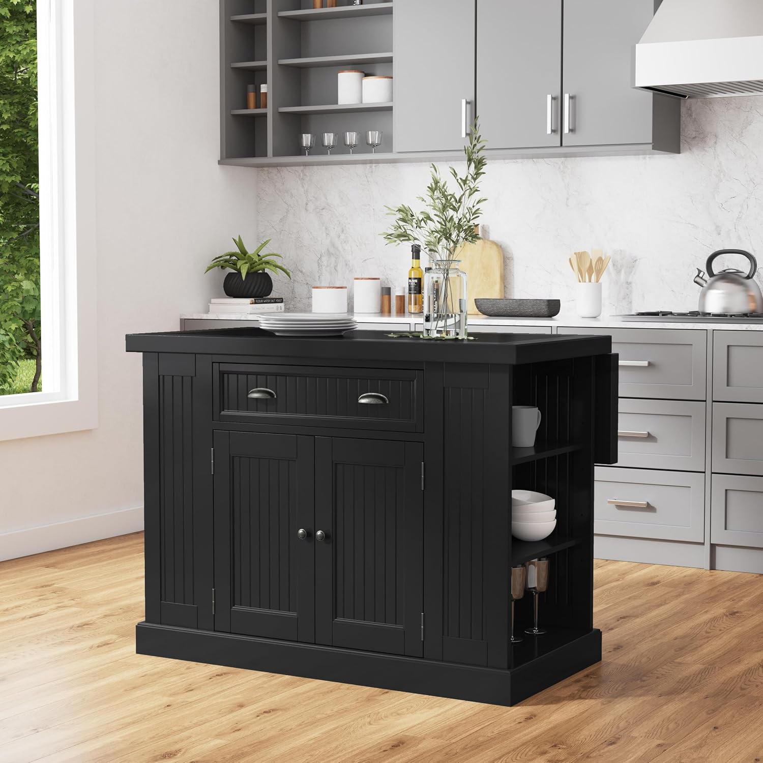 Homestyles Nantucket Distressed Black Kitchen Island with Black Granite and Wood Drop Leaf Breakfast Bar, 48"W