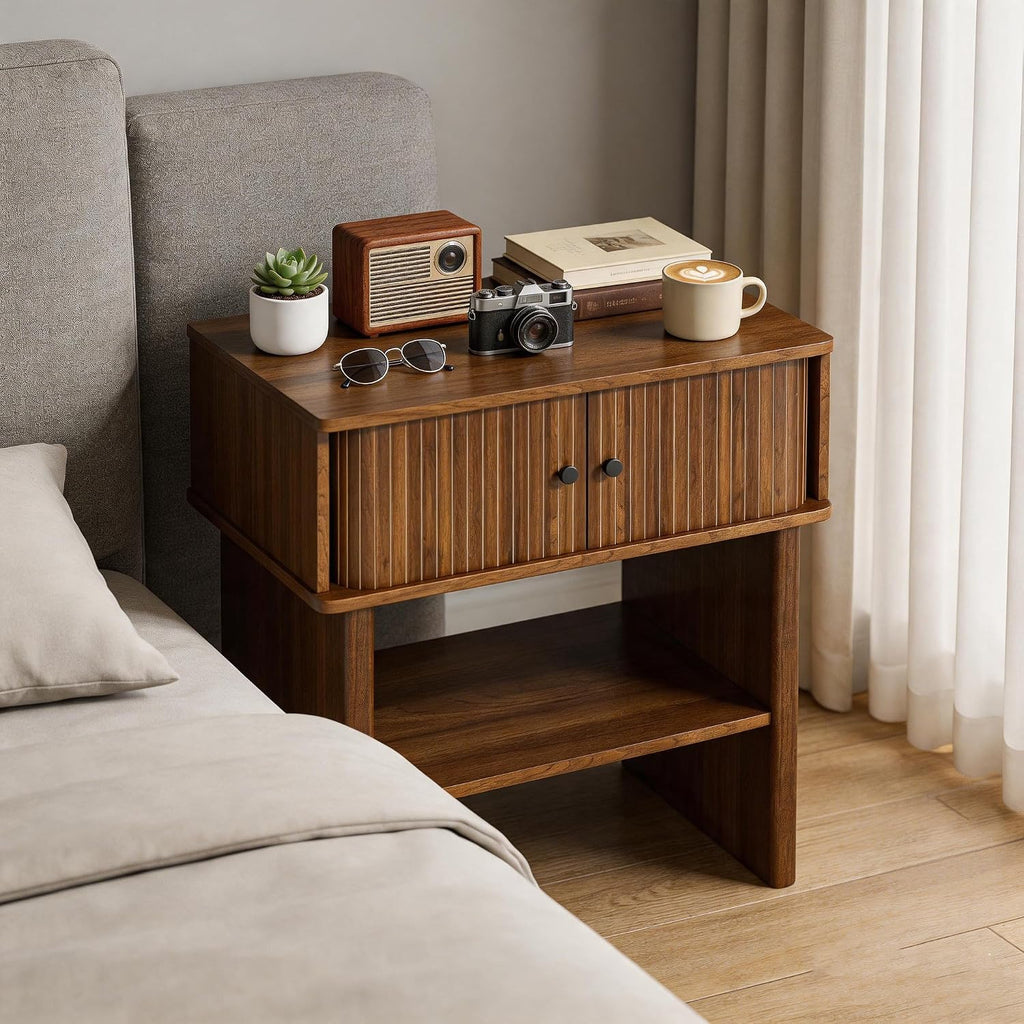 Nightstand with Fluted Sliding Door, 3-Tier Side Table with Hidden Cabinet and Open Storage, 21.7" Wide Modern End Table, for Living Room, Bedroom, Dorm, Spacious Desktop Space, Walnut Brown