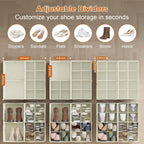 Shoe Organizer for Closet, 2-Pack Foldable Shoe Storage Box with Adjustable Dividers & Clear Cover, Fits 16 Pairs, Beige, Durable and Space-Saving