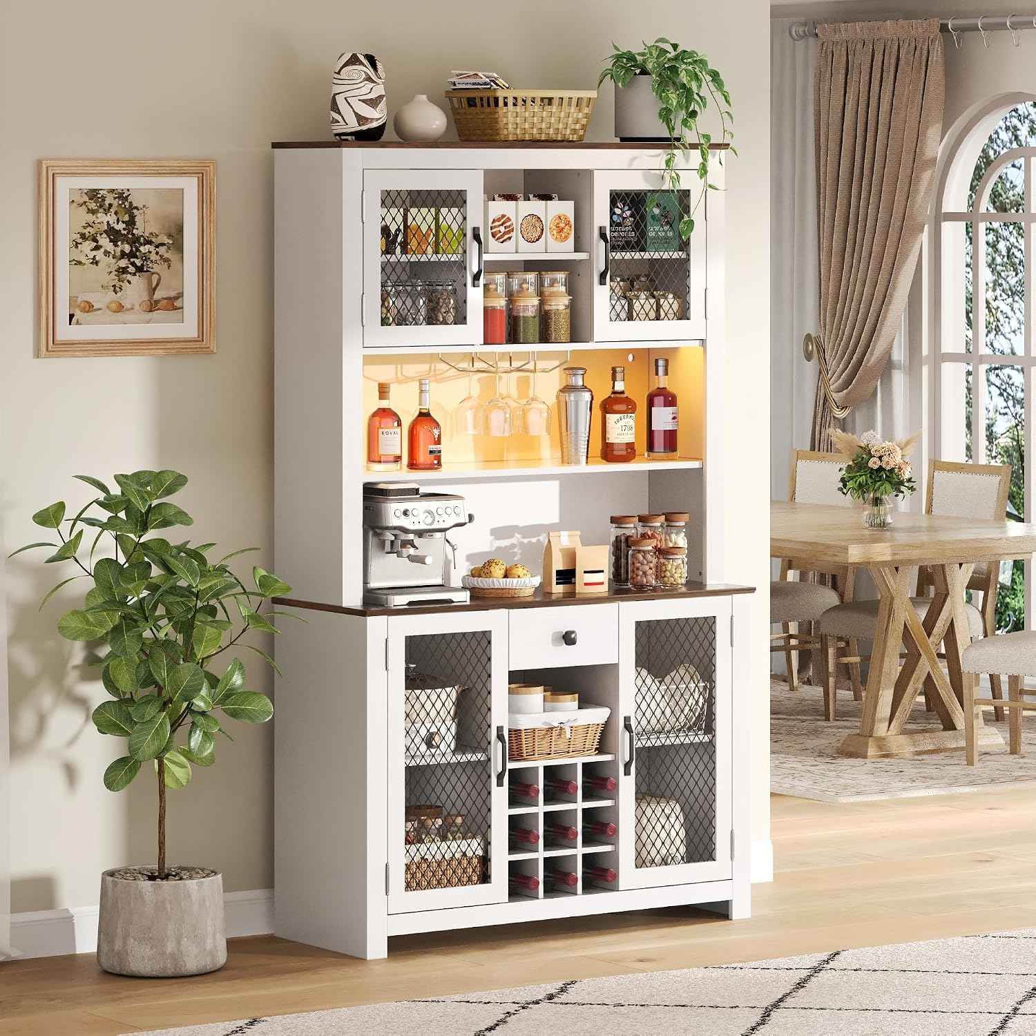 70.9” Kitchen Pantry Cabinet, Farmhouse Rustic Buffet Hutch with LED Lighting and Power Outlets, Large Food Pantry Cabinet with Doors and Adjustable Shelves, Storage Cabinet with Wine Rack for Kitchen