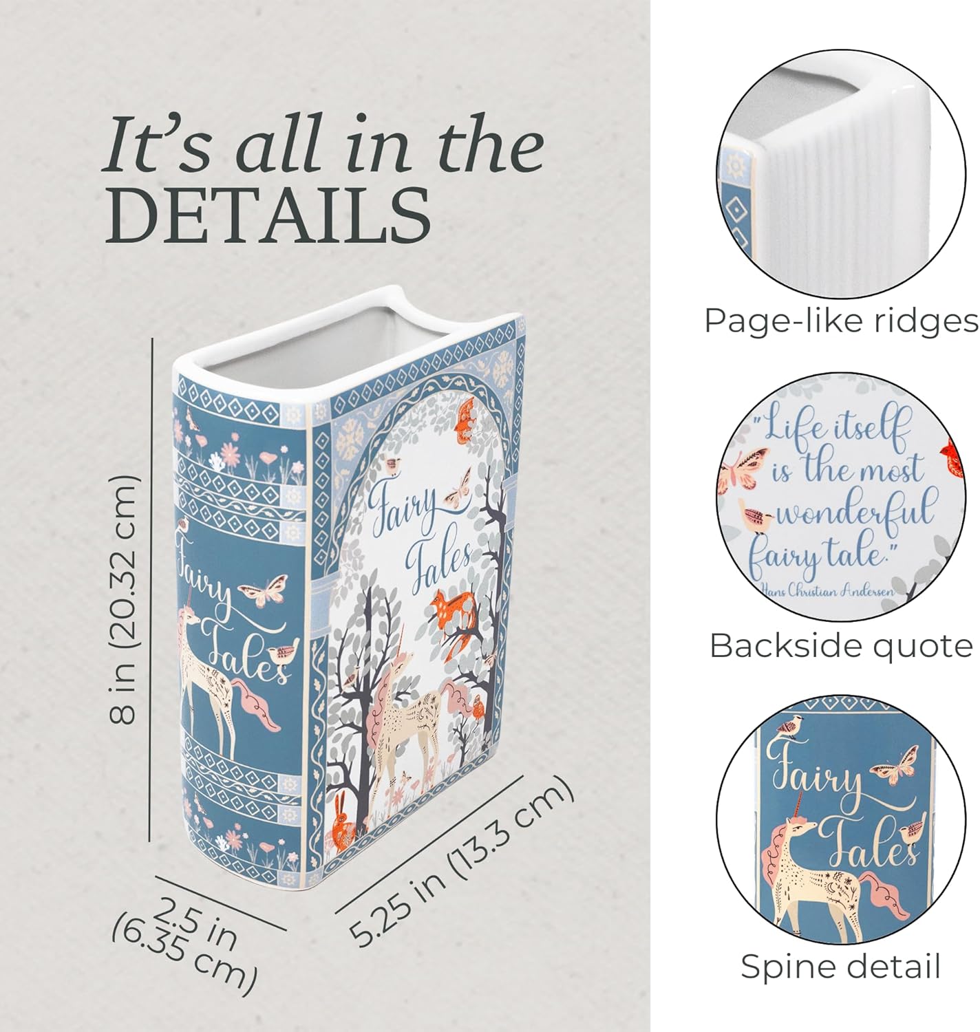 Steel Mill & Co Original Book-Shaped Decorative Vase, Ceramic Vases for Home Decor, Whimsical Bookshelf Decor, Unique Vase for Book Lovers (Large - Fairy Tales)