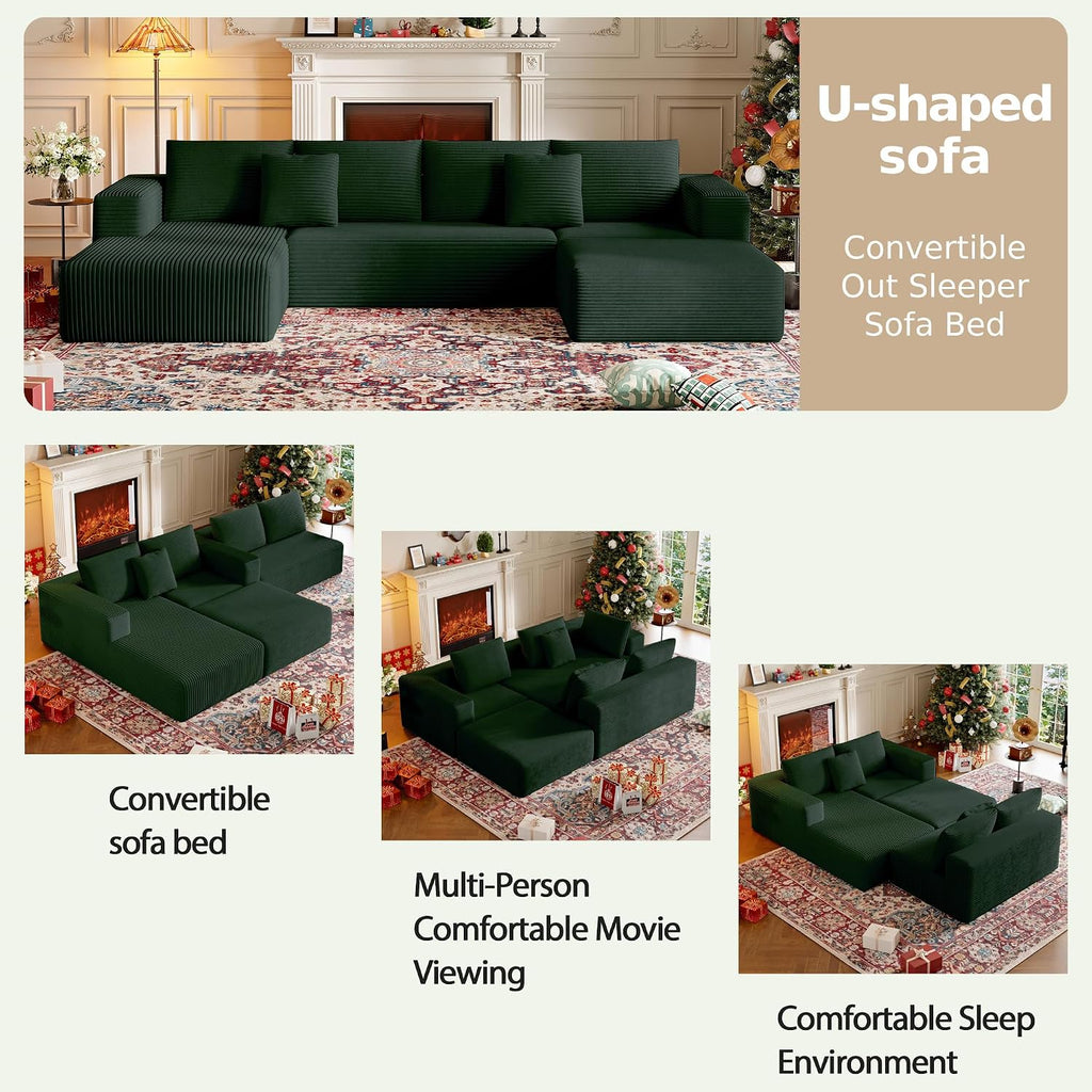 CHORRO134.6''Sectional Boneless Couch for Livingroom,Modular Corduroy Cloud Couch, U-Shaped Sofa with Chaise and Pillows,4-Deep Seat Sectional Sofa with 1 Ottoman,(Green,Left Chaise)