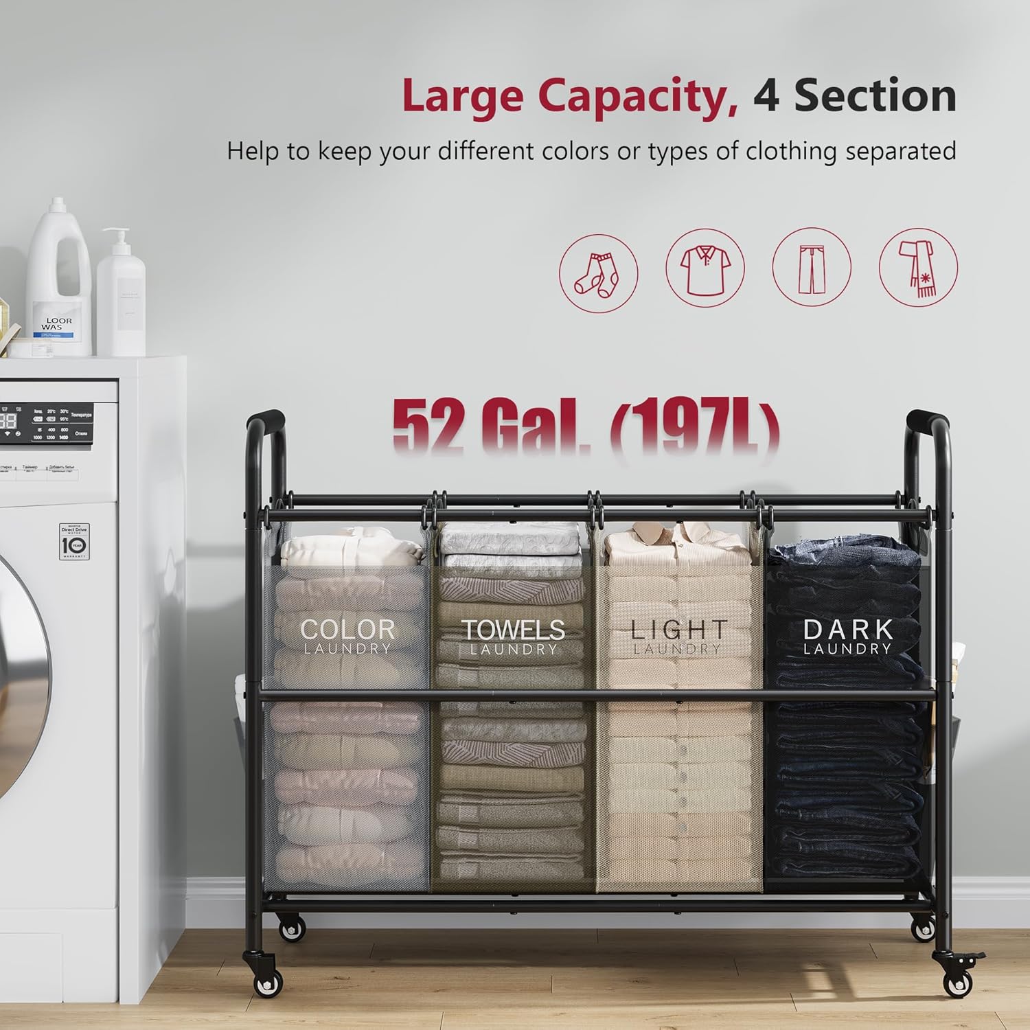 Tajsoon 4 Bag Laundry Sorter Cart, 4 Section Laundry Hamper Sorter with Heavy Duty Lockable Rolling Wheels, Laundry Separator Hamper with Removable Bags for Dirty Clothes Storage, 4 Colors