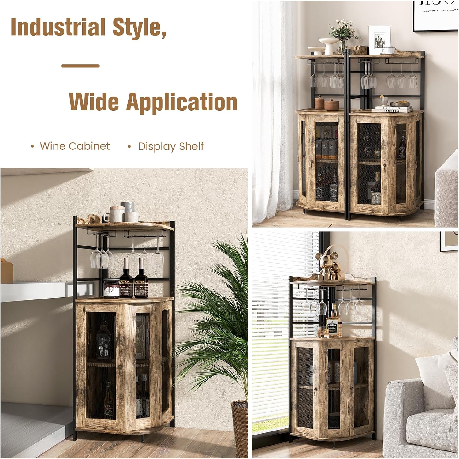 LOKO Corner Wine Bar Cabinet, Industrial Wine Cabinet with Metal Mesh Doors & Adjustable Shelf, Liquor Cabinet with Anti-toppling Device, Rustic Brown, 19 x 19 x 51 Inches (Taupe)